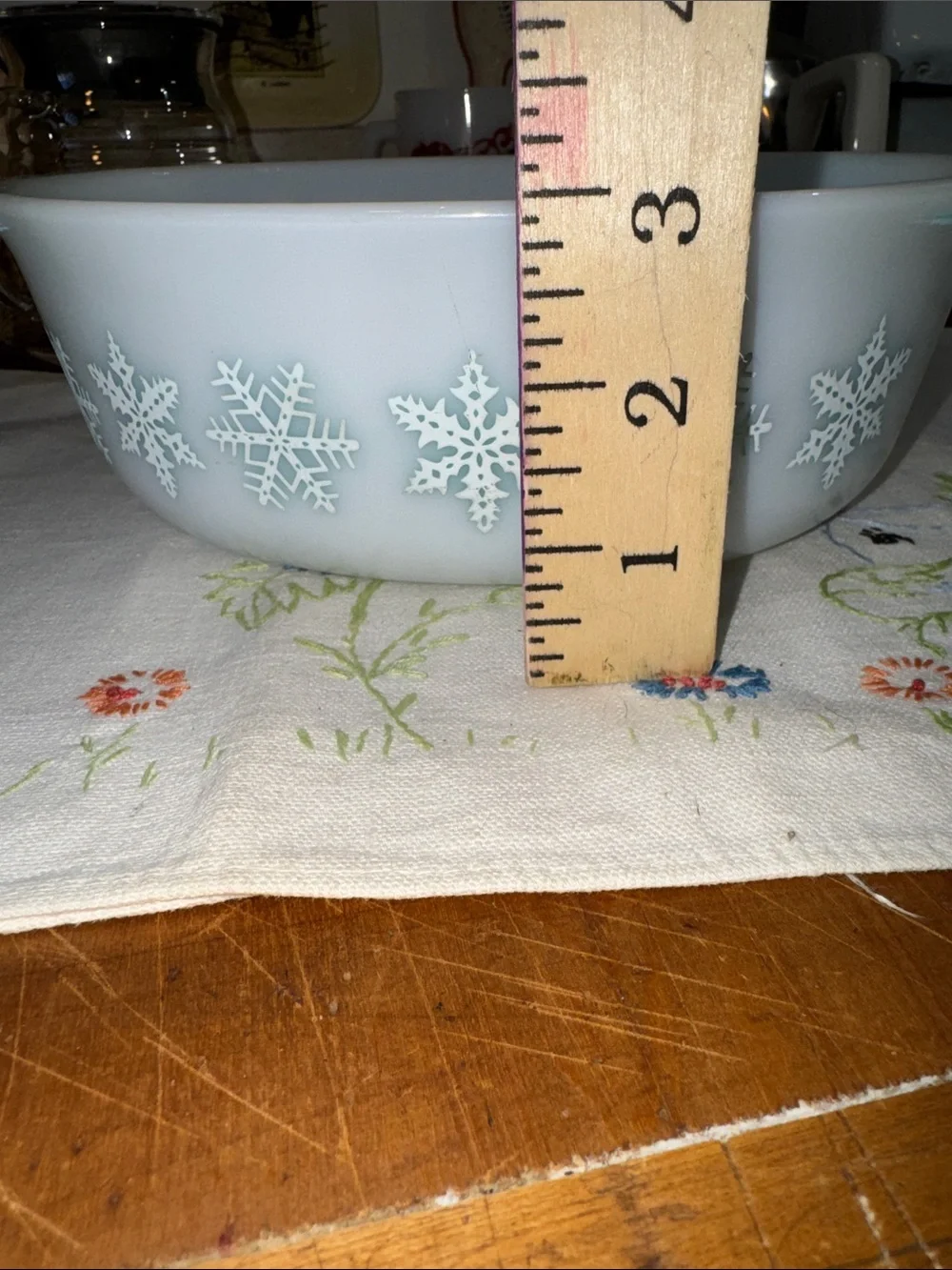 Pyrex White Casserole Dish with Light Blue Snowflake Pattern